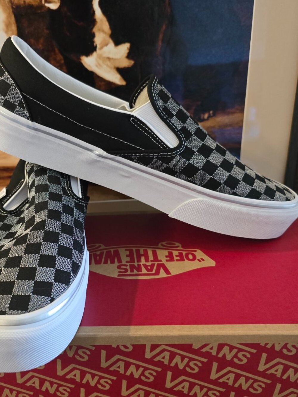 Vans Men's Classic Slip On Platform Metallic Checkerboard Black Shoes Sz 12 NEW